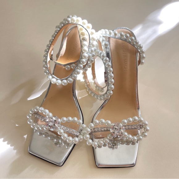MACH & MACH Pearl Bow Square Toe Sandals in Silver Leather - Picture 7 of 14